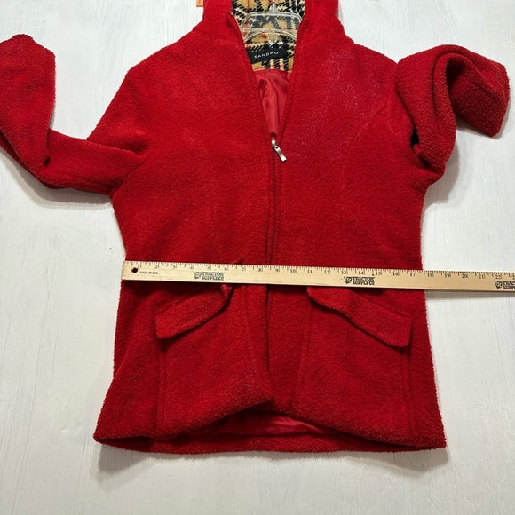 Sandro Paris Red Boucle Teddy Jacket | Plaid Hood Lining | Women’s Size M - Picture 5 of 11